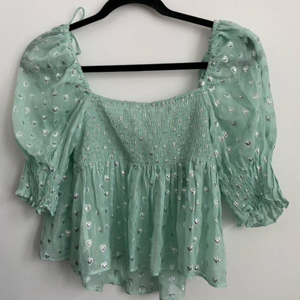 For Love and Lemons Cropped Jana Blouse • Light Green Silver Hearts • S Small